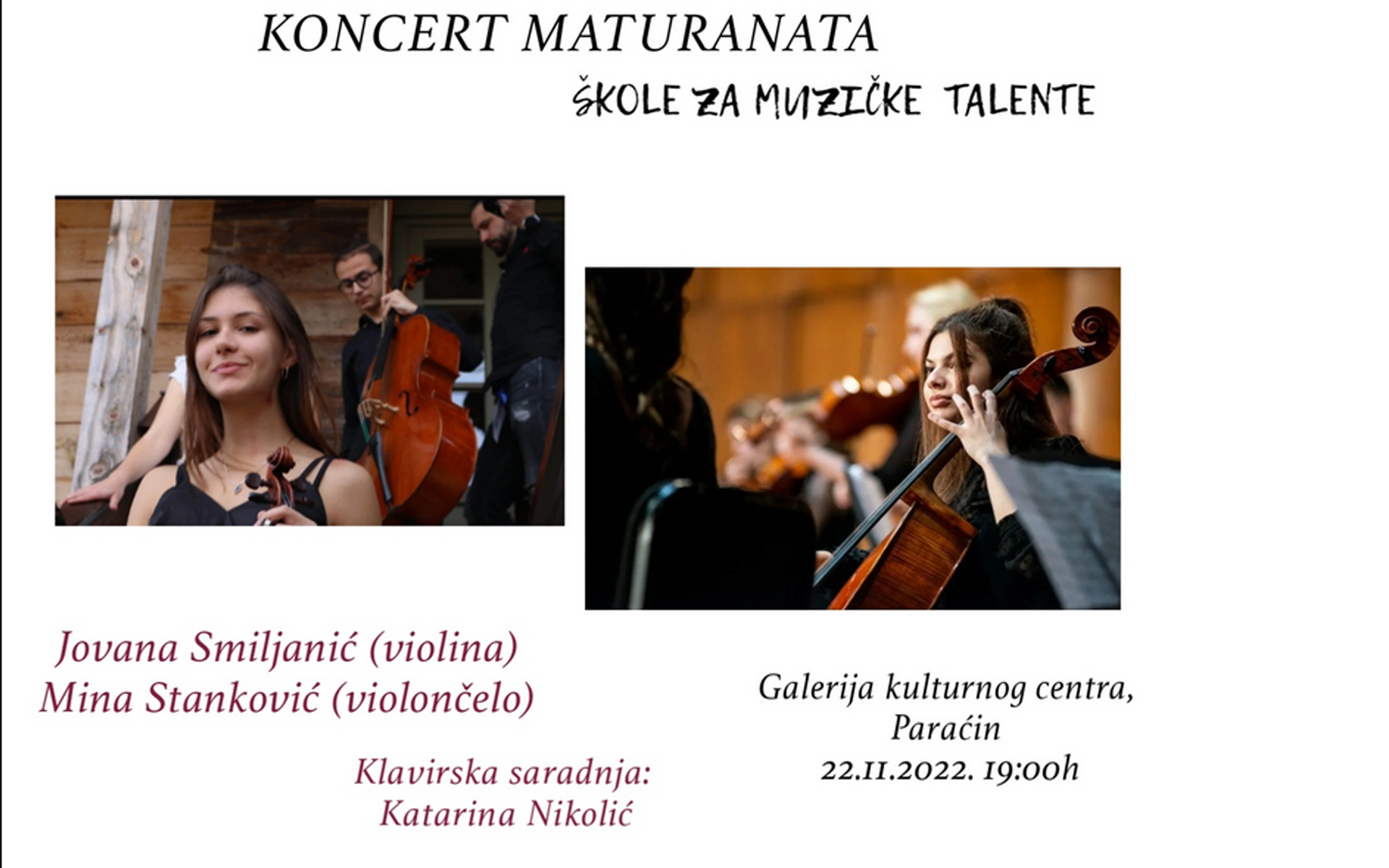 U utorak koncert maturanata Škole za muzičke talente iz Ćuprije u KC Paraćin