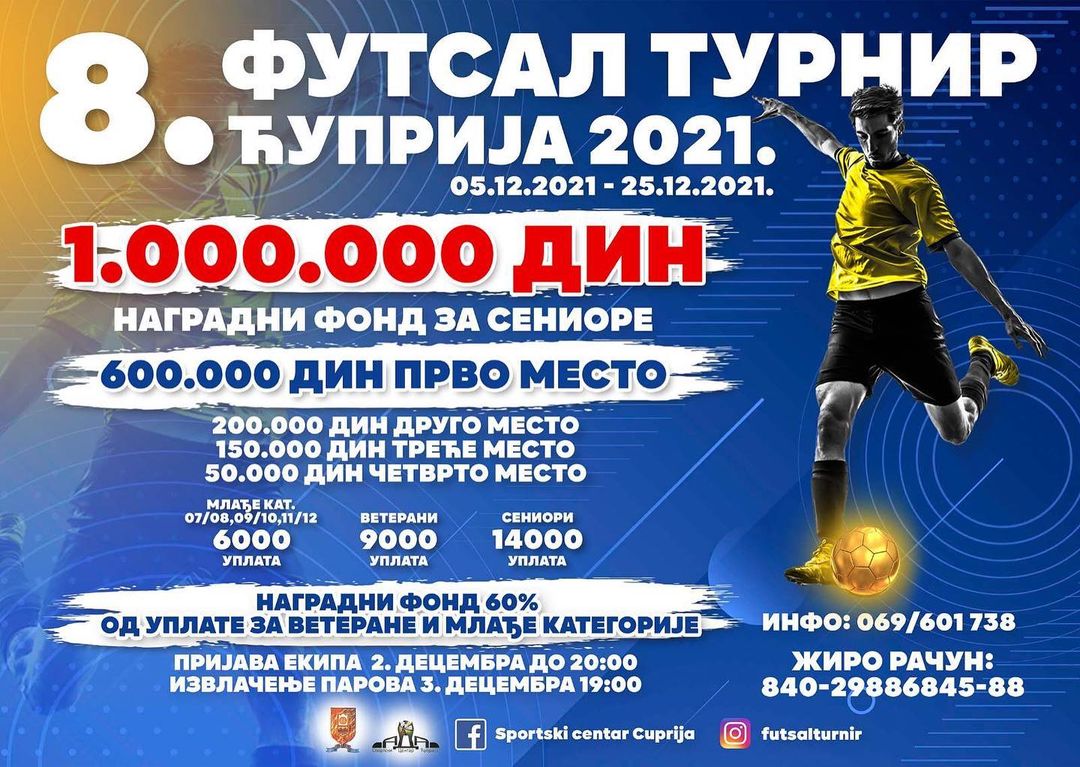 U sportskoj hali Ada uskoro počinje veliki futsal turnir „Ćuprija 2021“