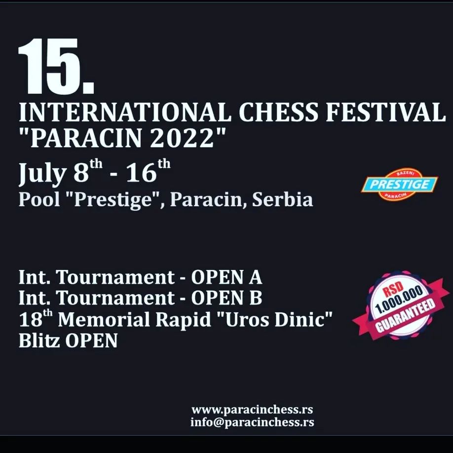 15. Međunarodni šahovski festival „Paraćin 2022“ od 8. do 16. jula