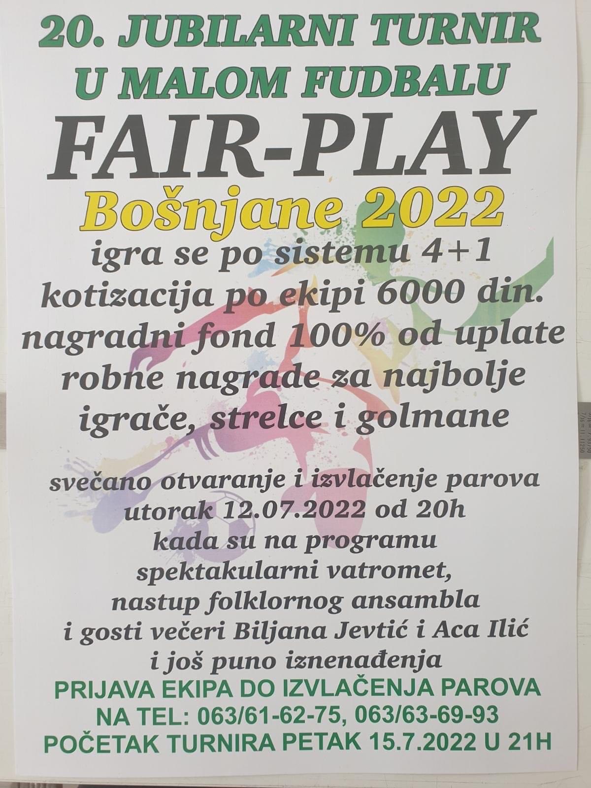 Polovinom jula počinje jubilarni 20. turnir u malom fudbalu „Fair play“ u Bošnjanu
