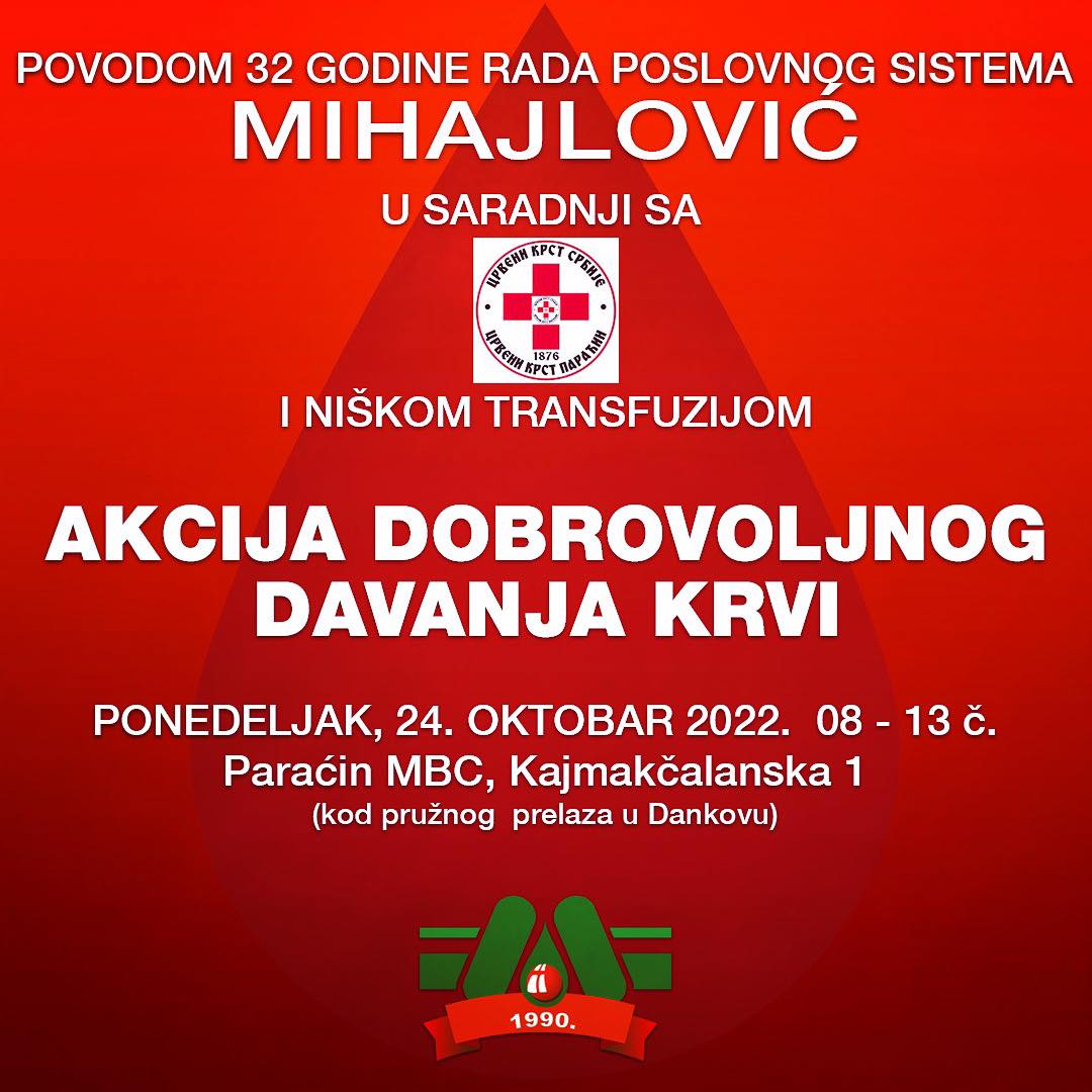 U ponedeljak akcija dobrovolljnog davanja krvi u Mihajlović biznis centru