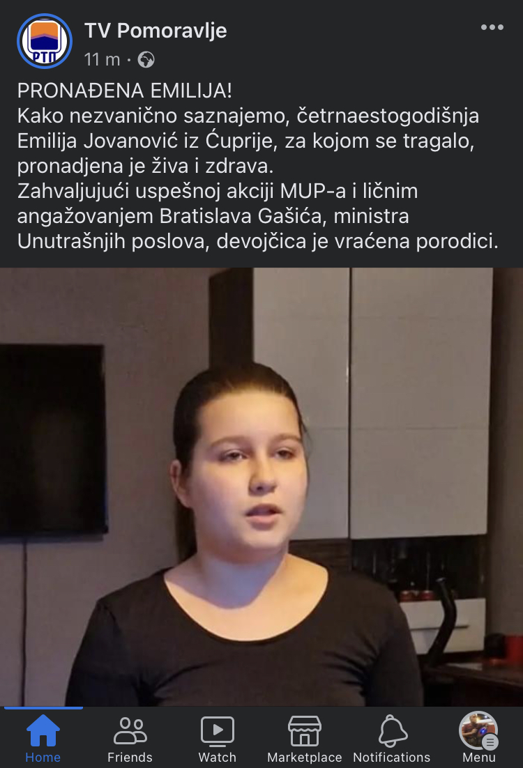 Nakon osam dana potrage pronađena Emilija Jovanović