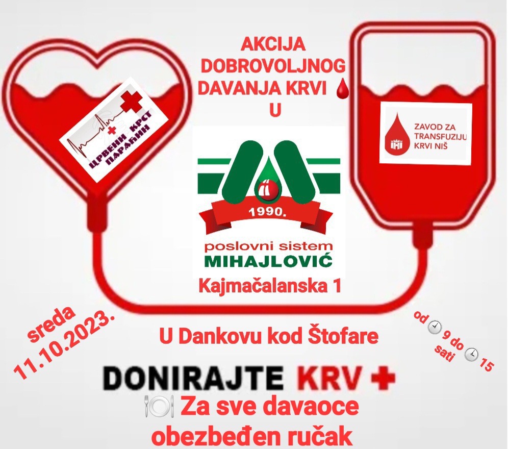 Naredne srede akcija dobrovoljnog davanja krvi u sali MBC-a kod bivše štofare