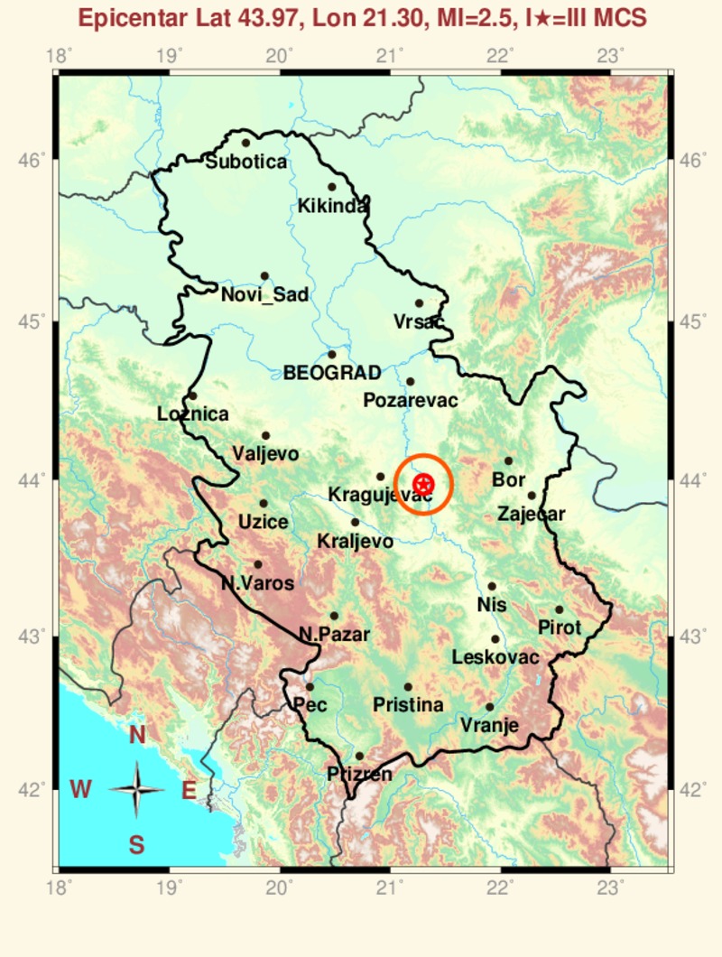 Zemljotres jačine 2,5 stepeni po Rihteru registrovan je sinoć na području Jagodine