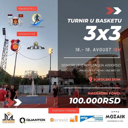 Turnir u basketu 3×3 od 16. do 18. avgusta u Ćupriji