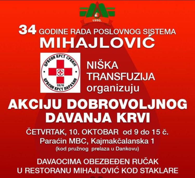 Crveni krst Paraćin i kompanija Mihajlović organizuju akciju dobrovoljnog davanja krvi